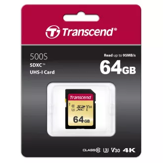 Card SDXC TRANSCEND 64GB 500S, UHS-I U3 V30 (R: 95 / W: 60 MB / s)