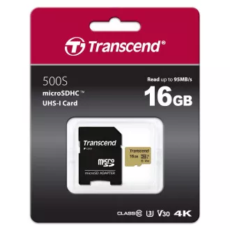 Card MicroSDHC TRANSCEND 16GB 500S, UHS-I U3 V30 + adaptor Card MicroSDHC TRANSCEND 16GB 500S, UHS-I U3 V30 + adaptor