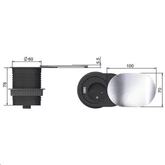 Solight 1x priză încorporată 1x USB cu capac glisant, capac oval din aluminiu periat, cablu prelungitor 1, 9m Solight 1x priză încorporată 1x USB cu capac glisant, capac oval din aluminiu periat, cablu prelungitor 1, 9m