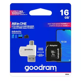 Card microSDHC GOODRAM 16GB M1A4 All-in-one (R: 100 / W: 10 MB / s), UHS-I Clasa 10, U1 + Adaptor + cititor de carduri OTG