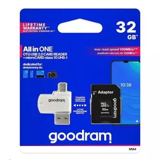 Card microSDHC GOODRAM 32GB M1A4 All-in-one (R: 100 / W: 10 MB / s), UHS-I Clasa 10, U1 + Adaptor + cititor de carduri OTG