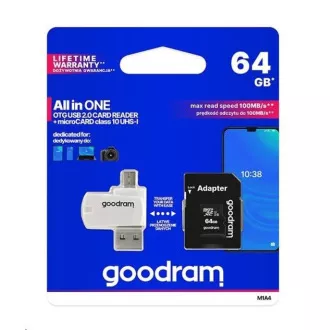 Card GOODRAM microSDXC 64GB M1A4 All-in-one (R: 100 / W: 10 MB / s), UHS-I Clasa 10, U1 + Adaptor + cititor de carduri OTG