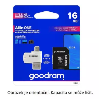 Card microSDXC GOODRAM 128GB M1A4 All-in-one (R: 100 / W: 10 MB / s), UHS-I Clasa 10, U1 + Adaptor + cititor de carduri OTG