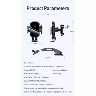 Suport auto Baseus Light Electric cu încărcare wireless 15W negru Suport auto Baseus Light Electric cu încărcare wireless 15W negru