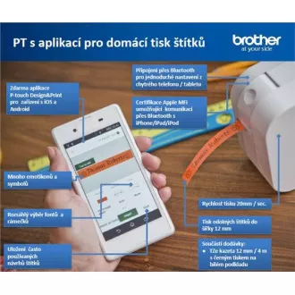 Imprimantă de etichete BROTHER PT-P300 - 12mm, benzi TZe, BT, iOS 9, Android 4.1 și versiuni ulterioare, Apple MFi, BT ver 2.1, 20mm/s