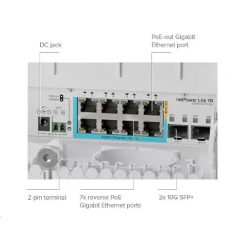 MikroTik CSS610-1Gi-7R-2S+OUT comutator PoE invers, 8x Gigabit, 2x SFP+, 1x ieșire PoE, 7x PoE, 56Gbps
