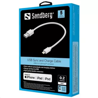 Cablu de date Sandberg USB-A -> Lightning, lungime 0,2 m, alb