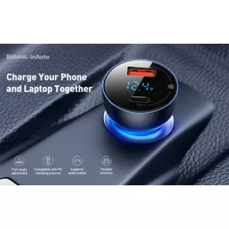 Adaptor auto Baseus Particular Digital Display dual USB-A QC + USB-C 65W, gri
