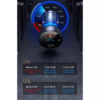 Adaptor auto Baseus Particular Digital Display dual USB-A QC + USB-C 65W, gri