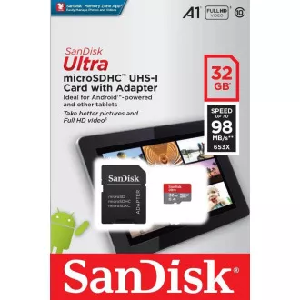 Card SanDisk MicroSDHC 32GB Ultra (120MB/s, Clasa A1 10 UHS-I, Android - Ambalaj tabletă, aplicație Memory Zone) + adaptor