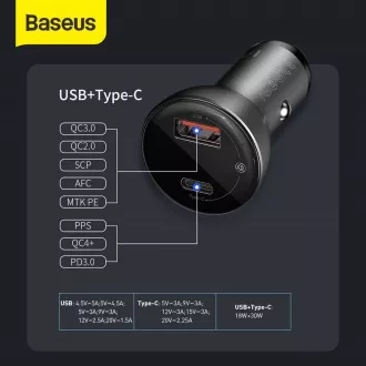Adaptor auto Baseus PPS cu display USB-C + USB-A 45W, gri