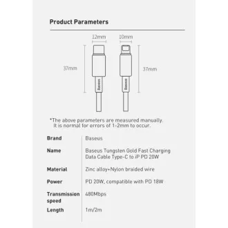 Cablu de încărcare rapidă / date Baseus Tungsten Gold USB-C la Lightning PD 20W 2m, negru