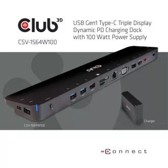 Stație de andocare Club3D USB-C 14v1, 1xDP, 1xHDMI, 1xVGA, 2xUSB-C, 5xUSB, cititor de carduri SD, 1xRJ45, neagră