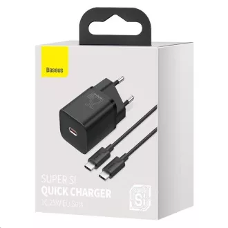 Încărcător rapid Baseus Super Si 1C 25W EU + cablu Type-C / Type-C 3A 1m negru Încărcător rapid Baseus Super Si 1C 25W EU + cablu Type-C / Type-C 3A 1m negru