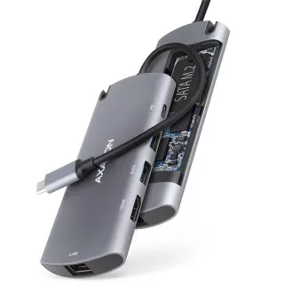 AXAGON HMC-6M2, hub USB 3.2 Gen 1, porturi 2x USB-A, HDMI, RJ-45 GLAN, slot SATA M.2, PD 100W, cablu USB-C 18cm