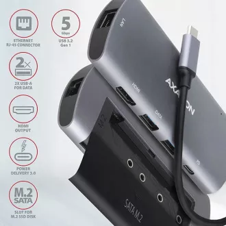 AXAGON HMC-6M2, hub USB 3.2 Gen 1, porturi 2x USB-A, HDMI, RJ-45 GLAN, slot SATA M.2, PD 100W, cablu USB-C 18cm