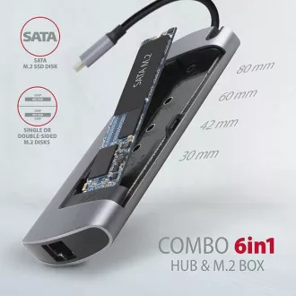 AXAGON HMC-6M2, hub USB 3.2 Gen 1, porturi 2x USB-A, HDMI, RJ-45 GLAN, slot SATA M.2, PD 100W, cablu USB-C 18cm