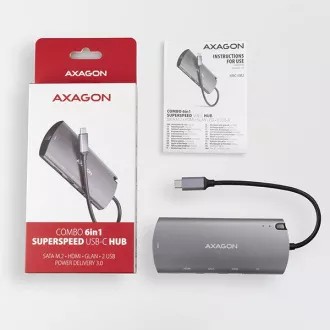 AXAGON HMC-6M2, hub USB 3.2 Gen 1, porturi 2x USB-A, HDMI, RJ-45 GLAN, slot SATA M.2, PD 100W, cablu USB-C 18cm