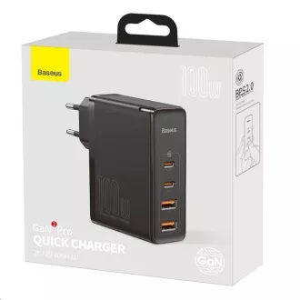 Baseus GaN2 Pentru adaptor de încărcare rapidă 2x Type-C + 2x USB-A 100W negru