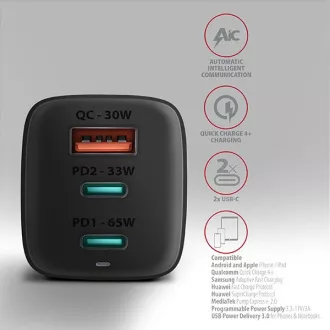 AXAGON ACU-DPQ65, încărcător de rețea GaN 65W, 3x port (USB-A   USB-C dual), PD3.0/QC4 /PPS/Apple, negru