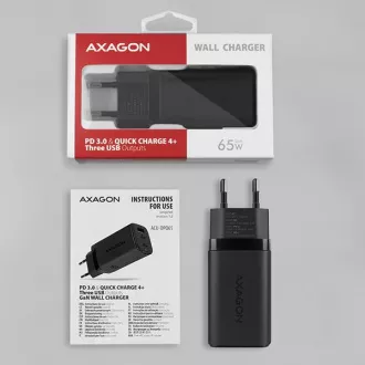 AXAGON ACU-DPQ65, încărcător de rețea GaN 65W, 3x port (USB-A   USB-C dual), PD3.0/QC4 /PPS/Apple, negru