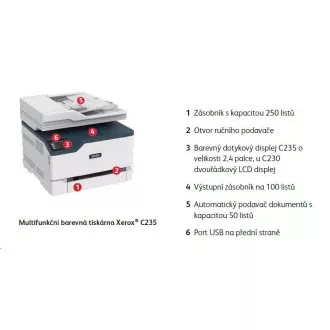 Xerox C235V_DNI, laser color. multifuncțional, A4, 22 ppm, duplex, ADF, WiFi / USB / Ethernet, 512 MB RAM, Apple AirPrint Xerox C235V_DNI, laser color. multifuncțional, A4, 22 ppm, duplex, ADF, WiFi / USB / Ethernet, 512 MB RAM, Apple AirPrint