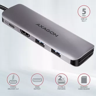 AXAGON HMC-5, hub USB 3.2 Gen 1, porturi 2x USB-A, HDMI, slot SD / microSD, PD 100W, cablu USB-C 20cm