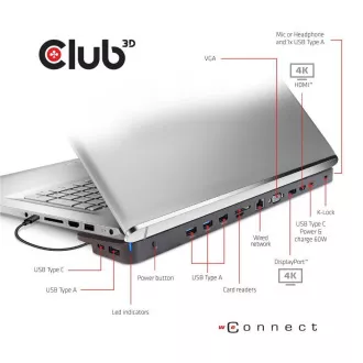 Stație de andocare Club3D USB-C 14v1, 1xDP, 1xHDMI, 1xVGA, 2xUSB-C, 5xUSB, cititor de carduri SD, neagră