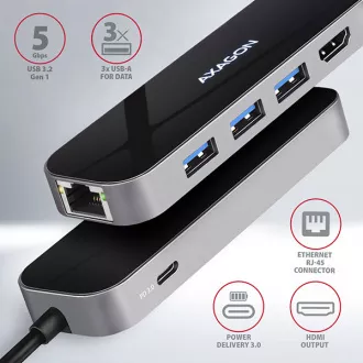 AXAGON HMC-6GL, hub USB 3.2 Gen 1, porturi 3x USB-A, HDMI, RJ-45 GLAN, PD 60W, cablu USB-C 20cm AXAGON HMC-6GL, hub USB 3.2 Gen 1, porturi 3x USB-A, HDMI, RJ-45 GLAN, PD 60W, cablu USB-C 20cm