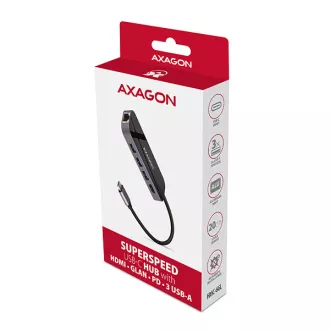 AXAGON HMC-6GL, hub USB 3.2 Gen 1, porturi 3x USB-A, HDMI, RJ-45 GLAN, PD 60W, cablu USB-C 20cm