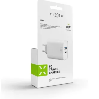 Încărcător fix, conector USB-C + USB-A, suport PD, 30 W, alb
