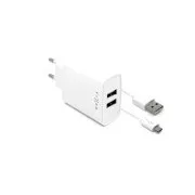 Încărcător fix, conector 2x USB-A, cablu USB -> micro USB lungime 1 m, 15 W, alb