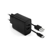 Încărcător de rețea fix, conector USB-C + 2x USB-A, cablu USB-C -> USB-C lungime 1 m, 15 W, negru