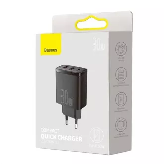 Baseus Compact Fast Charging Adapter 2x USB-A, 1x Type-C 30W negru