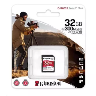 Kingston 32GB Canvas React Plus SDHC UHS-II 300R/260W U3 V90 pentru Full HD/4K/8K