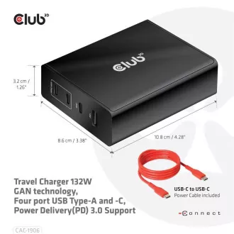 Încărcător de călătorie Club3D 132W cu tehnologie GAN, 4xUSB-A și USB-C, suport PD 3.0