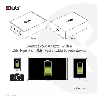 Încărcător de călătorie Club3D 132W cu tehnologie GAN, 4xUSB-A și USB-C, suport PD 3.0