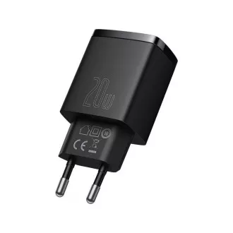 Baseus Compact Compact Quick Charging Adapter USB-A Type-C 20W EU, negru Baseus Compact Compact Quick Charging Adapter USB-A Type-C 20W EU, negru