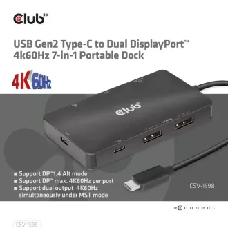 Stație de andocare Club3D USB-C 7 în 1, 2xDP, 2xUSB-C, 2xUSB, 1xRJ45, neagră
