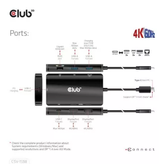 Stație de andocare Club3D USB-C 7 în 1, 2xDP, 2xUSB-C, 2xUSB, 1xRJ45, neagră