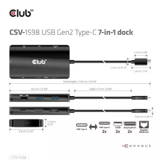 Stație de andocare Club3D USB-C 7 în 1, 2xDP, 2xUSB-C, 2xUSB, 1xRJ45, neagră