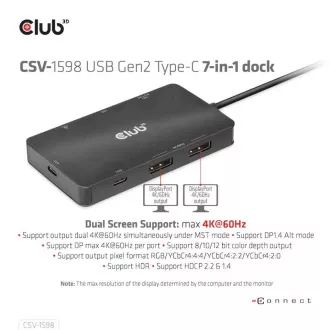 Stație de andocare Club3D USB-C 7 în 1, 2xDP, 2xUSB-C, 2xUSB, 1xRJ45, neagră