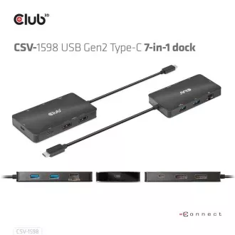 Stație de andocare Club3D USB-C 7 în 1, 2xDP, 2xUSB-C, 2xUSB, 1xRJ45, neagră