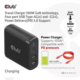 Încărcător de călătorie Club3D 100W cu tehnologie GAN, 4xUSB-A și USB-C, suport PD 3.0