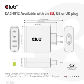 Încărcător de călătorie Club3D 100W cu tehnologie GAN, 4xUSB-A și USB-C, suport PD 3.0