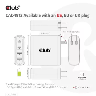 Încărcător de călătorie Club3D 100W cu tehnologie GAN, 4xUSB-A și USB-C, suport PD 3.0