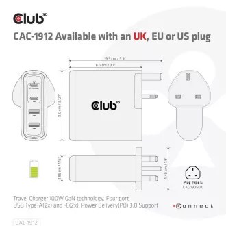 Încărcător de călătorie Club3D 100W cu tehnologie GAN, 4xUSB-A și USB-C, suport PD 3.0