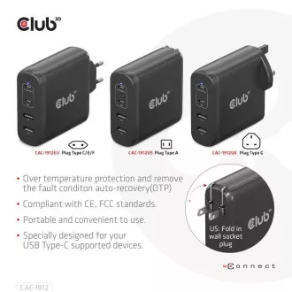 Încărcător de călătorie Club3D 100W cu tehnologie GAN, 4xUSB-A și USB-C, suport PD 3.0