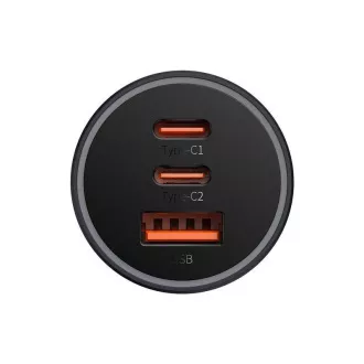 Baseus adaptor auto cu încărcare rapidă 2*USB-C   USB-A 65W gri închis
