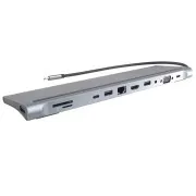 Stație de andocare PREMIUMCORD USB-C 10v1, 1xHDMI, 1xVGA, 2xUSB-C, 3xUSB, 1xRJ45, cititor de carduri SD, gri